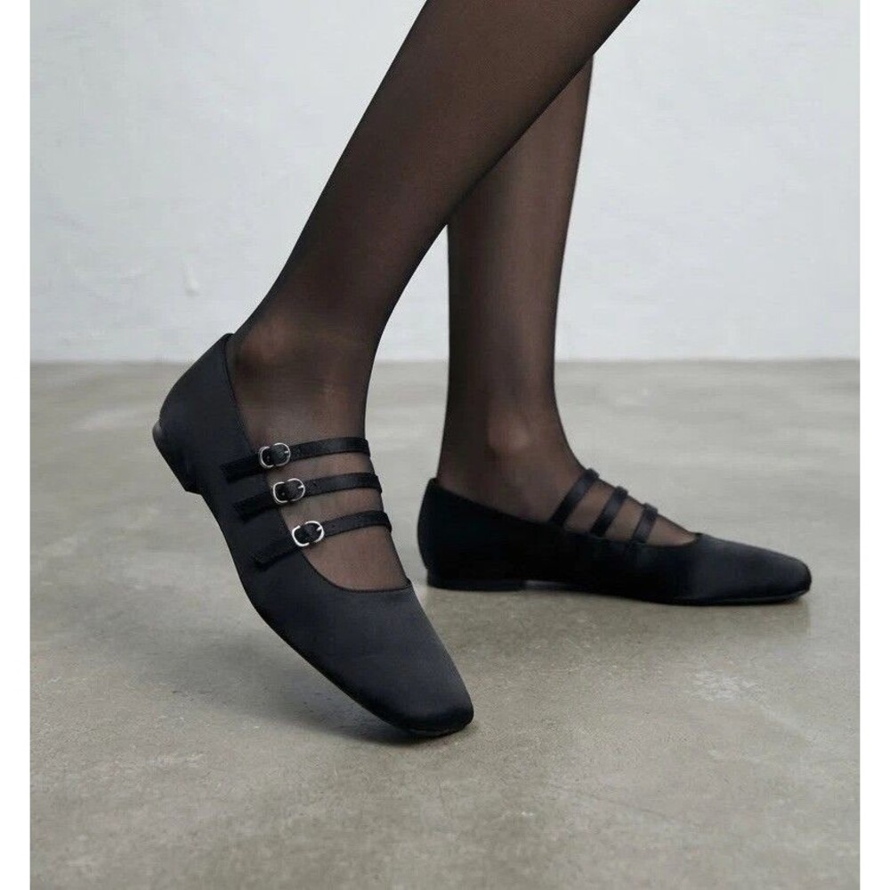 Zara Black Satin Multi-Piece Sporty Ballet Flats Size 39 US 8.5 Mary Jane